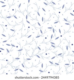The image consists of a print or pattern with light blue leaves and light blue branches on a white background