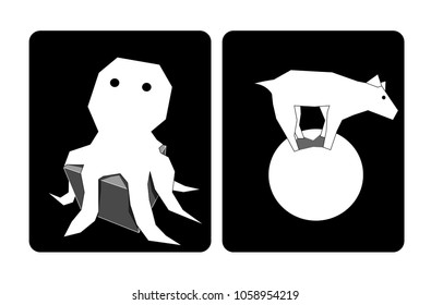 The image consists of several objects. Among them there is an octopus and an animal that stands on four legs.