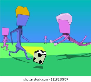 The image consists of several objects. Among them there are characters with square heads and a cube similar to a football.