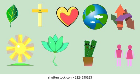 The image consists of several objects. Among them there is a leaf, a cross, a heart, a planet with clouds, arrows, the sun, cacti and the figure of a man.