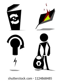 The image consists of several objects. Among them there is a garbage container, a figure of a man with a bag, a lamp and a burning leaf.