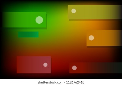 The image consists of several objects. Among them there are multicolored rectangles, circles and black framing.