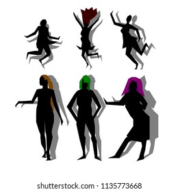 The image consists of several objects. Among them there are black figures of women in different poses.
