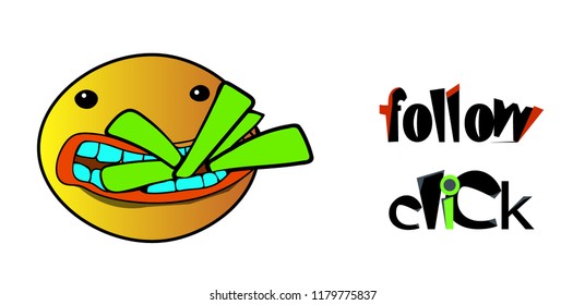 The image consists of several objects. Among them are the words "follow" and "click", and the face with chopsticks in the mouth.