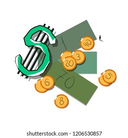 The image consists of several objects. Among them are the dollar symbol, money, chips and a little man.