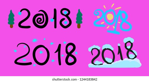 The image consists of several objects. Among them is the number "2018", snowflakes, two trees and snow drifts.