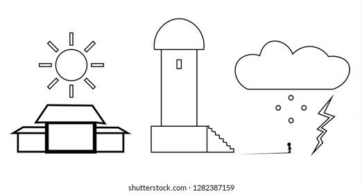 The image consists of several objects. Among them are buildings, a tower, a sun, a cloud, lightning, and a little man with a long shadow.