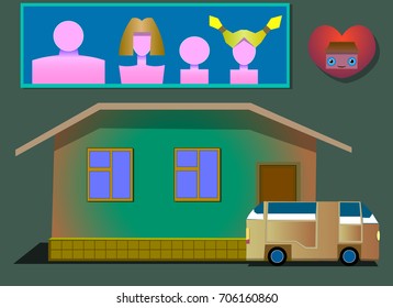 The image consists of several objects. Among them there is a house, a car, icons of family members, an icon of the heart with a house.