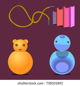 The image consists of several objects. Among them there are laces, vertically standing tiles with cut edges and round things with the head of a bear and a robot.