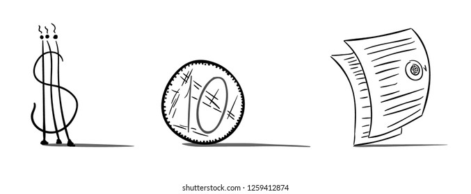 The image consists of three objects. Among them there is a money symbol, documents and a coin with the number "ten".