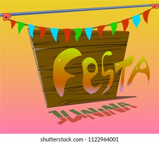 The image consists of two words, a wooden structure and several objects. 