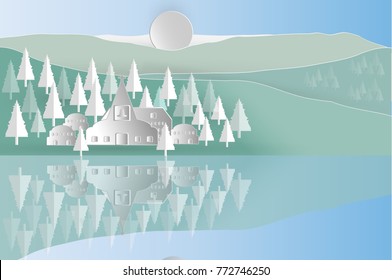 The image consists of a village in the valley. Surrounded by rivers and mountains. And this image is also reflected in the water reflection. This image makes it look like a paper art.
