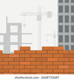Imagen de obra con muro de ladrillo y edificios en construcción con grúa.