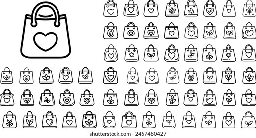 The image contains 42 black and white outline icons of shopping bags. Some bags have hearts, stars, or leaves on them.
