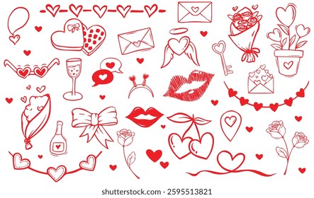 The image contains assorted red, hand-drawn images associated with love and romance, on a white background.