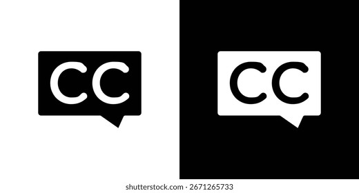 A imagem contém um logotipo CC dentro de um balão de fala, apresentado contra fundos brancos e pretos.