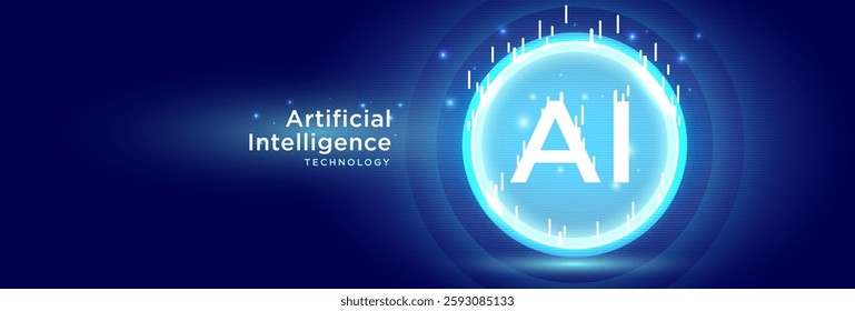 Image contains chatbot sign, virtual assistant, AI artificial intelligence in smart engineering concept, AI within a neon circle. The background is dark blue with futuristic lighting effects