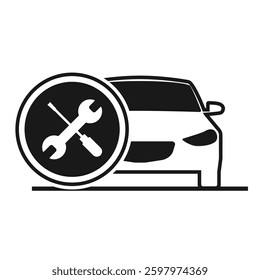 The image contains a collection of black and white car service and maintenance icons. These icons represent various automotive-related concepts