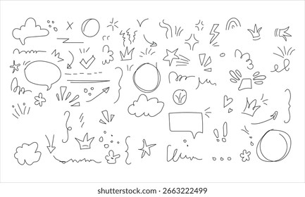A imagem contém uma coleção de diversos elementos de rabiscar de estilo esboçado, incluindo setas, círculos, estrelas, balões de fala e símbolos, todos trabalhados com uma sensação artesanal em um fundo branco.