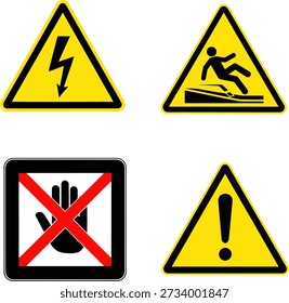 La Imagen contiene cuatro señales de advertencia diferentes. El primer signo representa un rayo dentro de un triángulo amarillo, indicando un peligro eléctrico. El segundo signo muestra a una persona resbalando sobre una superficie mojada, advirtiendo de un piso resbaladizo. El tercer signo presenta una mano con un símbolo de prohibición rojo sobre ella, que indica que no se toca. El cuarto signo es un triángulo amarillo con un signo de exclamación, que indica una advertencia general.