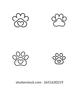 The image contains four distinct black line art paw prints on a white background.