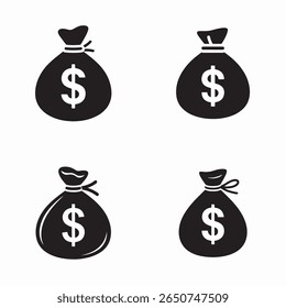 The image contains four simple black and white icons depicting money bags each with a white dollar sign. 