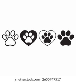 The image contains four simple graphic designs featuring paw prints and hearts. Two paw prints are shown individually one black and one white outline. 