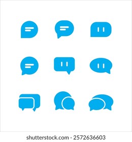 The image contains nine different variations of blue speech bubble icons. The bubbles are in various shapes and contain either two vertical lines or three horizontal lines to represent text within 