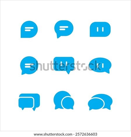 The image contains nine different variations of blue speech bubble icons. The bubbles are in various shapes and contain either two vertical lines or three horizontal lines to represent text within 