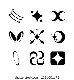 The image contains nine distinct black symbols or logos arranged in a three-by-three grid on a white background. The symbols are stylized and abstract