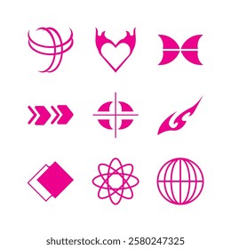 The image contains nine distinct pink symbols or logos arranged in a three-by-three grid on a white background. The symbols are stylized and abstract
