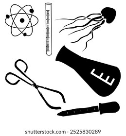 La Imagen contiene una pieza de ciencia en la que hay ilustraciones de un núcleo atómico, bacterias, tijeras médicas y tubos para pruebas de laboratorio.