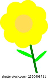 The image contains a simple cartoon drawing of a yellow flower with a green stem and two leaves. The flower has a large, circular center. The flower is facing forward and the stem is straight. 