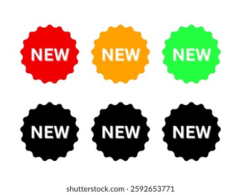 The image contains six circular "NEW" labels with a jagged, badge-like border. Each label has a different color scheme:

The top row features red, orange, and green labels with white "NEW" text.

