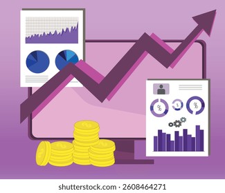 The image contains tables and graphs, financial monitoring and coins on the monitor background