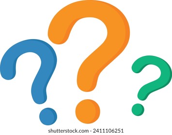 Image contains three question marks of different sizes and colors. The largest question mark is orange, the medium one is blue, and the smallest one is green.
