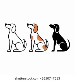 The image contains three simple line drawings of dogs sitting in profile view. One dog is entirely white, one is predominantly white with brown spots, and the third is solid black. 