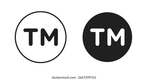 La Imagen contiene dos versiones del símbolo de Marca comercial TM, uno negro sobre blanco, uno blanco sobre negro, ambos dentro de un círculo. Aislado sobre fondo blanco.