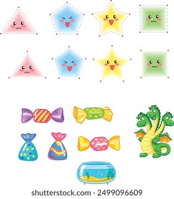 The image contains various cartoon-like figures. There are triangles, stars, and squares with faces in the top two rows. The bottom row has various candies, a fishbowl with a fish inside, three-headed