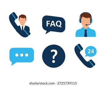 Das Bild enthält verschiedene Symbole, die Kundensupport und Kommunikation darstellen. Es enthält ein Telefonsymbol mit dem Kopf einer Person, eine Sprechblase mit dem Text "FAQ", eine Person, die ein Headset trägt, eine Sprechblase mit drei Punkten, ein Fragezeichen innerhalb eines Kreises und ein Telefonsymbol mit dem Text "24".