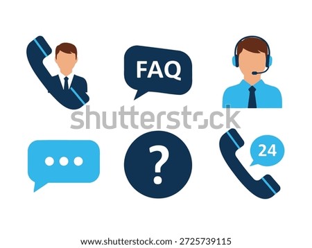 The image contains various icons representing customer support and communication. It includes a telephone icon with a person's head, a speech bubble with the text 'FAQ', a person wearing a headset, a speech bubble with three dots, a question mark inside a circle, and a telephone icon with the text '24'.