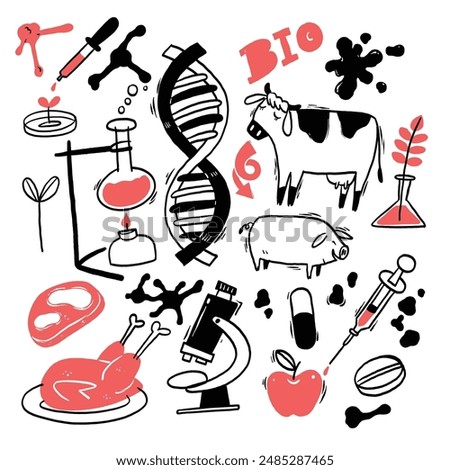 The image contains various illustrations related to biology and biotechnology. Central to the image is a double helix of DNA, symbolizing genetics. Hand draw illustration vector doodle style. 