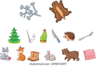 The image contains various objects: nails, fur, Christmas tree, needle and thread, cactus, knife, hedgehog, fork, cat, fox, pair of boots, rabbit, bear, and pillow.