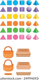 The image contains various shapes (triangle, square, circle, and pyramid) in five rows. The bottom row has two baskets, two trays, and two rectangular shapes. 