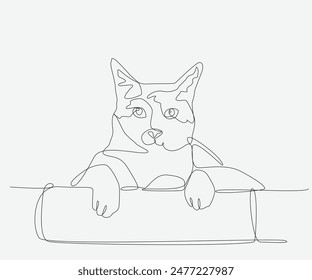Image with a continuous line design style of a cat leaning against the wall and facing forward