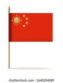 Image of coronavirus instead of stars on the Chinese flag. Coronavirus 2019-nCoV epidemic concept design. Stylized Chinese flag on a pole. Coronavirus in China. Vector illustration
