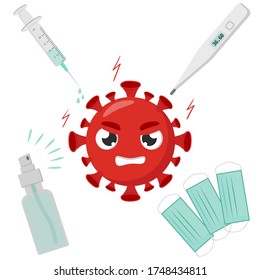 An image of the coronovirus on a white background, in red, which is in anger. The virus is surrounded by: a syringe with a vaccine, a degree box with a good human body temperature, a disinfector and m