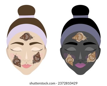 Image of cosmetic procedures with snails on faces with dark and light skin on a white background