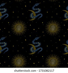 image of cosmic bodies, sun and moon. Traditional folk stylish stylish embroidery on the black background. Sketch for printing on clothing, fabric, bag, accessories and design. Vector, trend