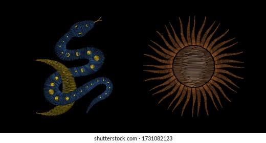image of cosmic bodies, sun and moon. Traditional folk stylish stylish embroidery on the black background. Sketch for printing on clothing, fabric, bag, accessories and design. Vector, trend
